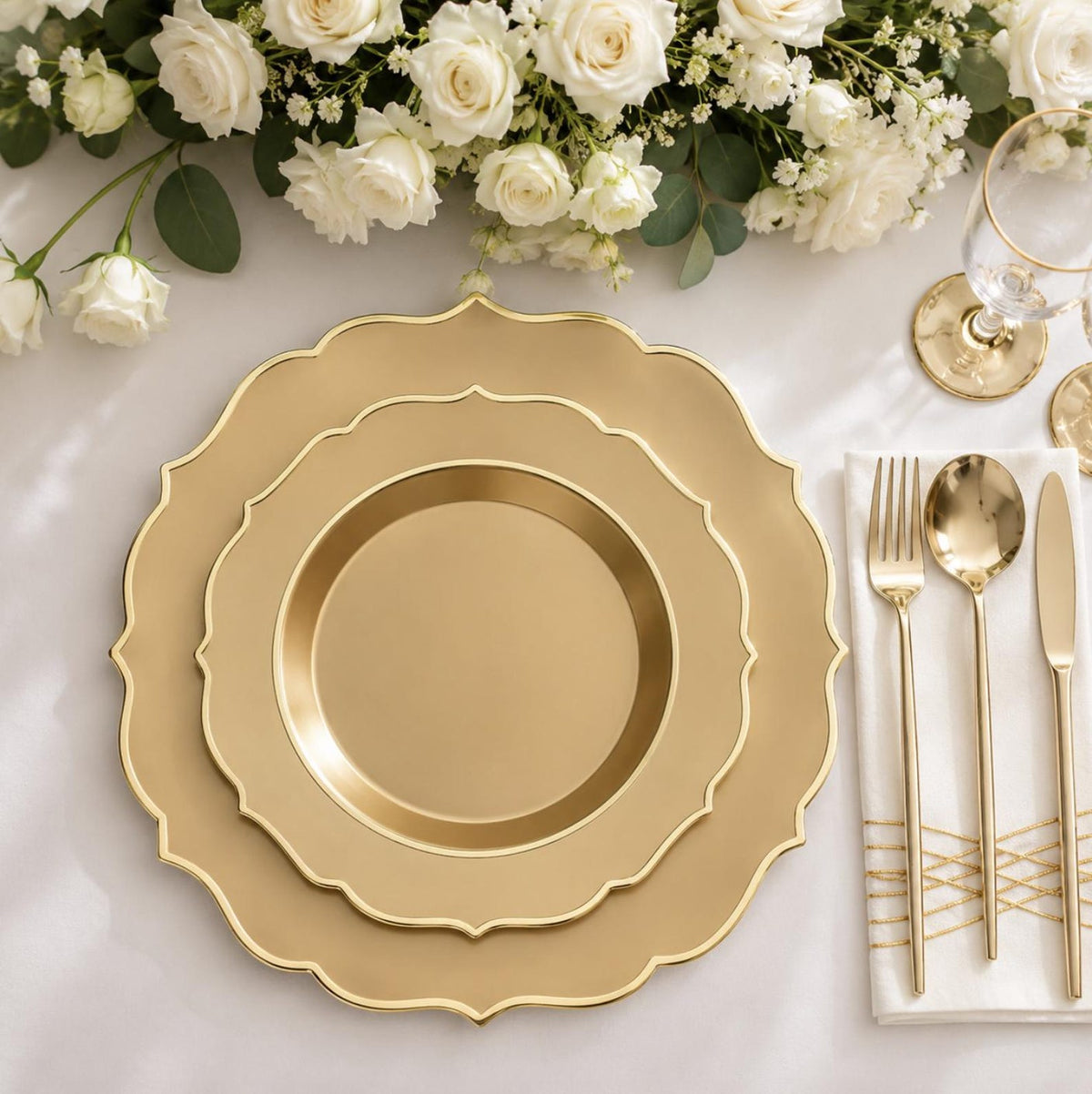 Plastic 8" and 10" Round Dessert Plates in Blush with Gold Scalloped Rim - Disposable Appetizer/Salad Plates Dinner Party Plates Set of 10