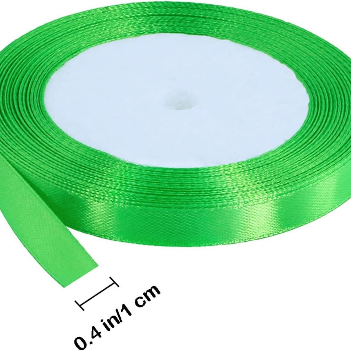 Green satin ribbon roll measuring 0.4 inches wide for assembling clear cupcake boxes. Pre-cut ribbons included with individual cupcake boxes for easy DIY party favor assembly.