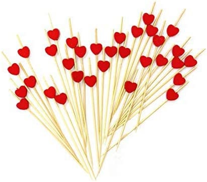 Decorative red heart toothpicks for appetizers, cheese, and party food