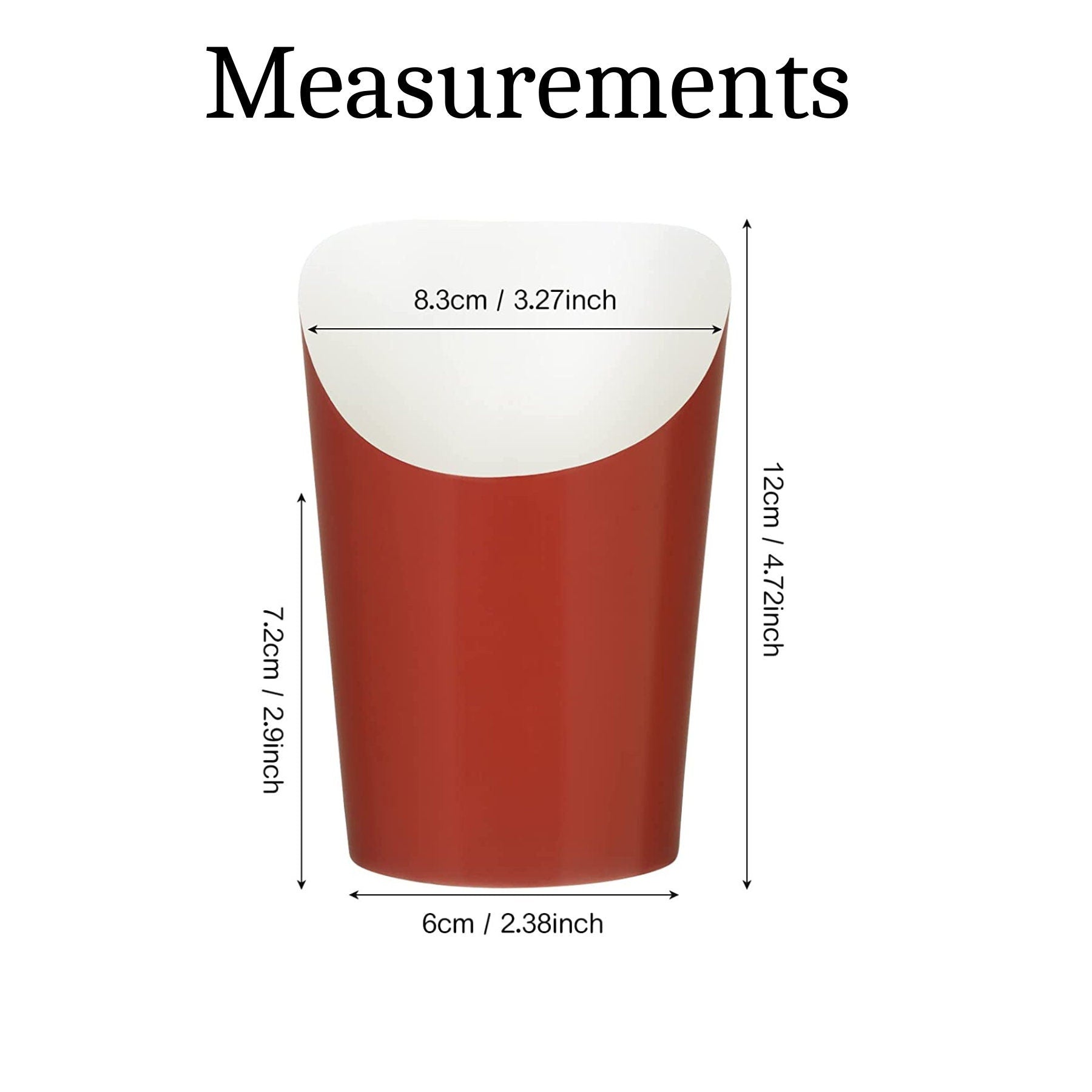 Measurement chart showing 3.27" width and 4.72" height for red charcuterie cups.