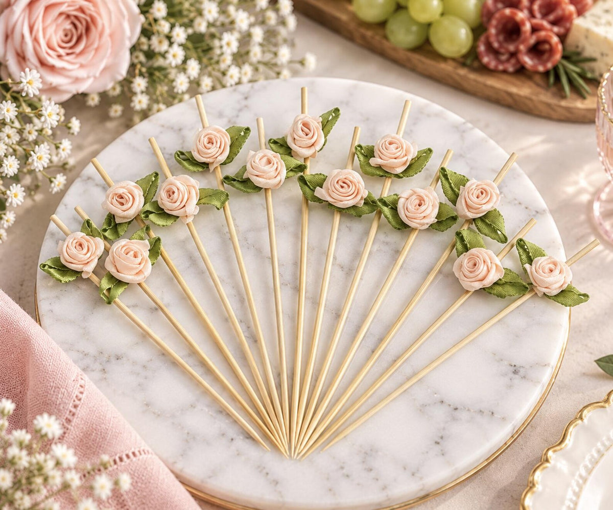 Set of 20 Rose Charcuterie Toothpicks – Floral Appetizer & Dessert Picks for Weddings & Parties - Pretty Party Boxx
