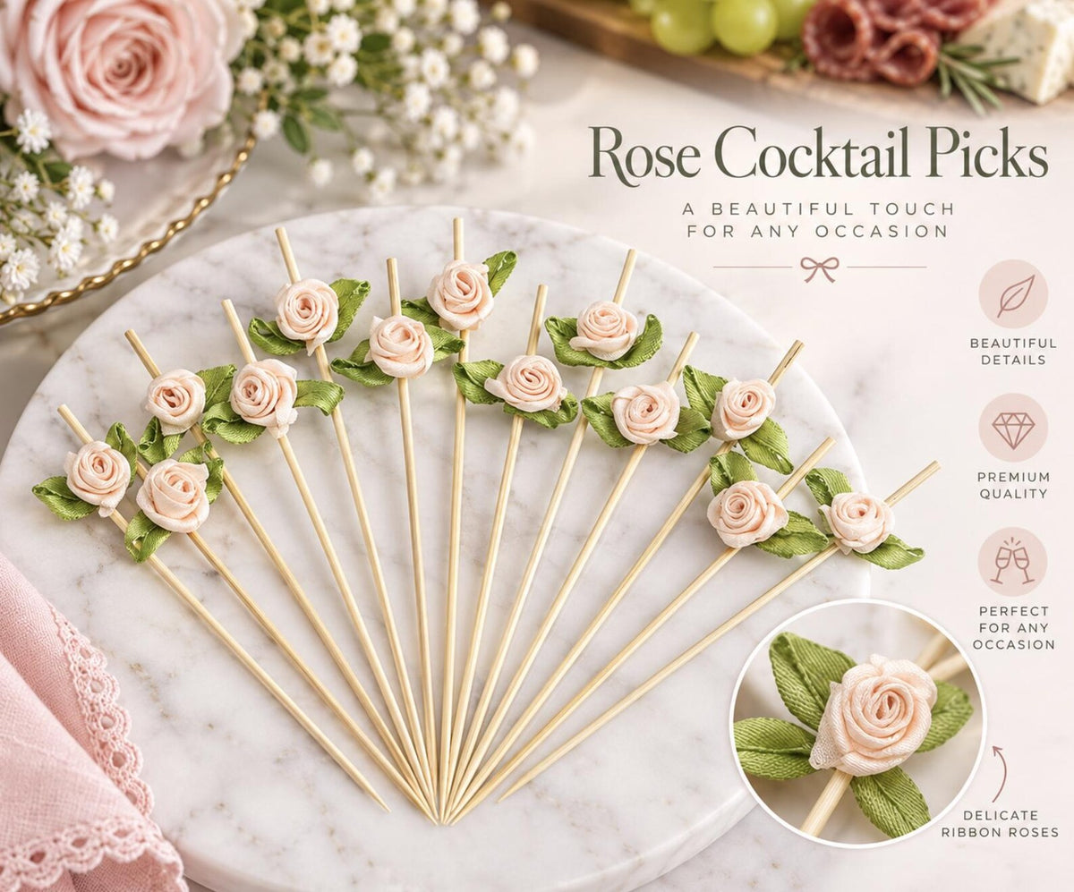 Set of 20 Rose Charcuterie Toothpicks – Floral Appetizer & Dessert Picks for Weddings & Parties - Pretty Party Boxx