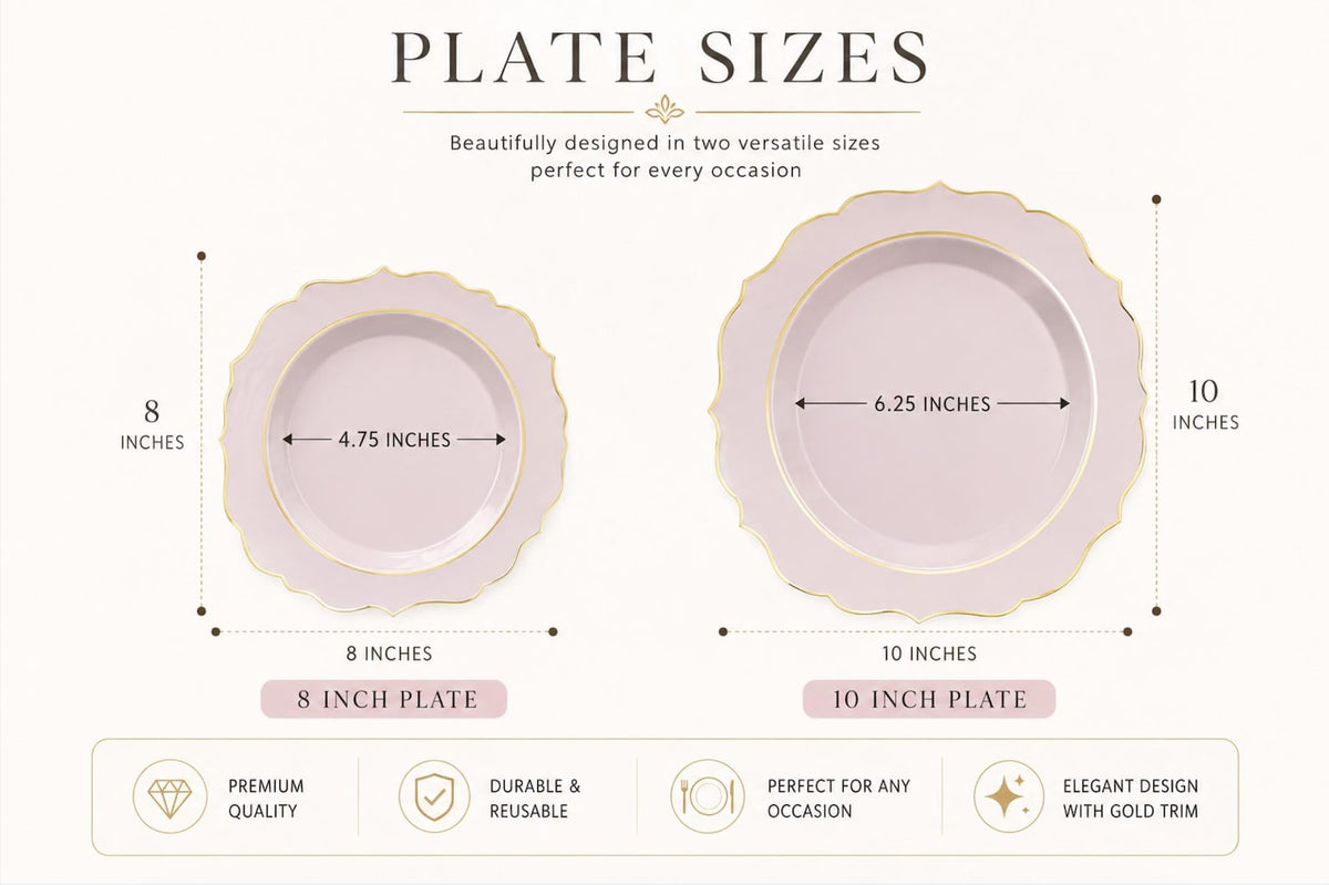 Plastic 8" and 10" Round Dessert Plates in Blush with Gold Scalloped Rim - Disposable Appetizer/Salad Plates Dinner Party Plates Set of 10