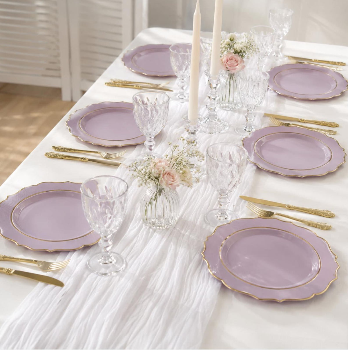 Round Dessert Plates in Blush with Gold Scalloped Rim Fancy Plates