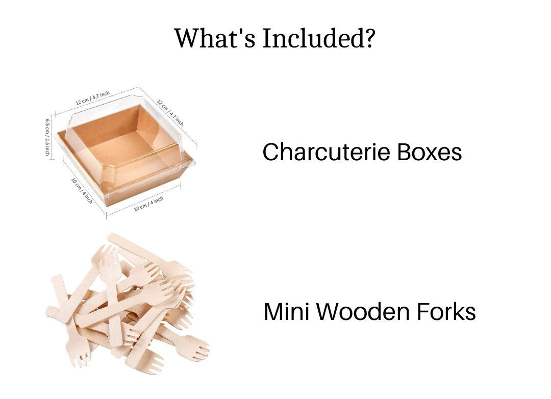 Square charcuterie favor box and mini wooden forks set perfect for wedding celebrations