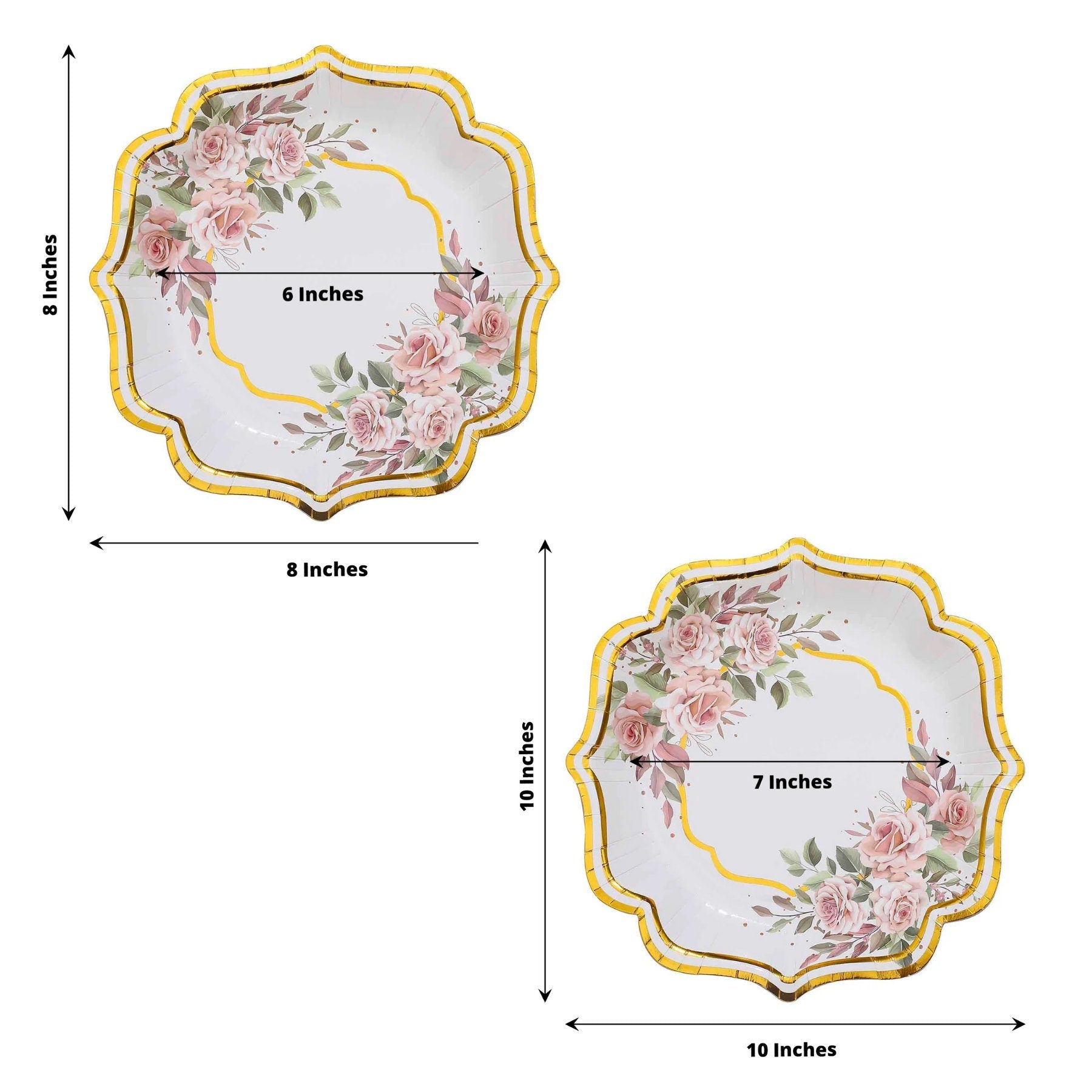 Size chart showing 8-inch and 10-inch floral scallop rim plates