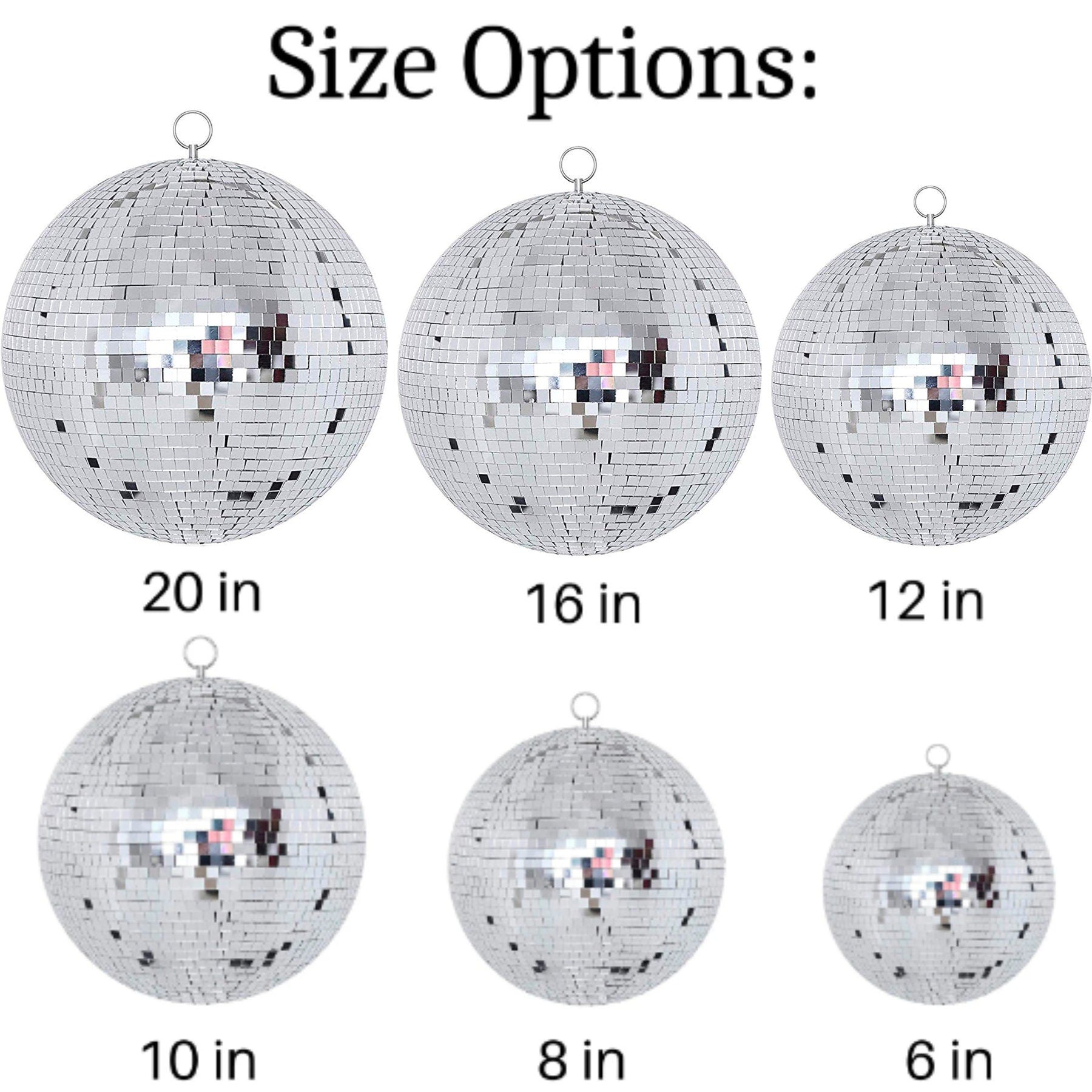 Mirror disco balls size options from 6 inches to 20 inches