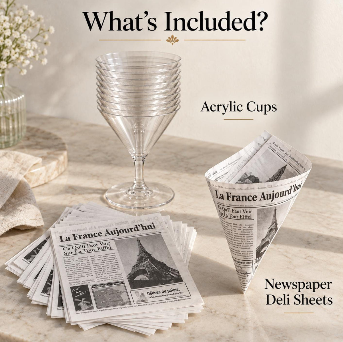 Acrylic Appetizer Cups Set with Vintage Newspaper Print Paper - Set of 20 - Pretty Party Boxx