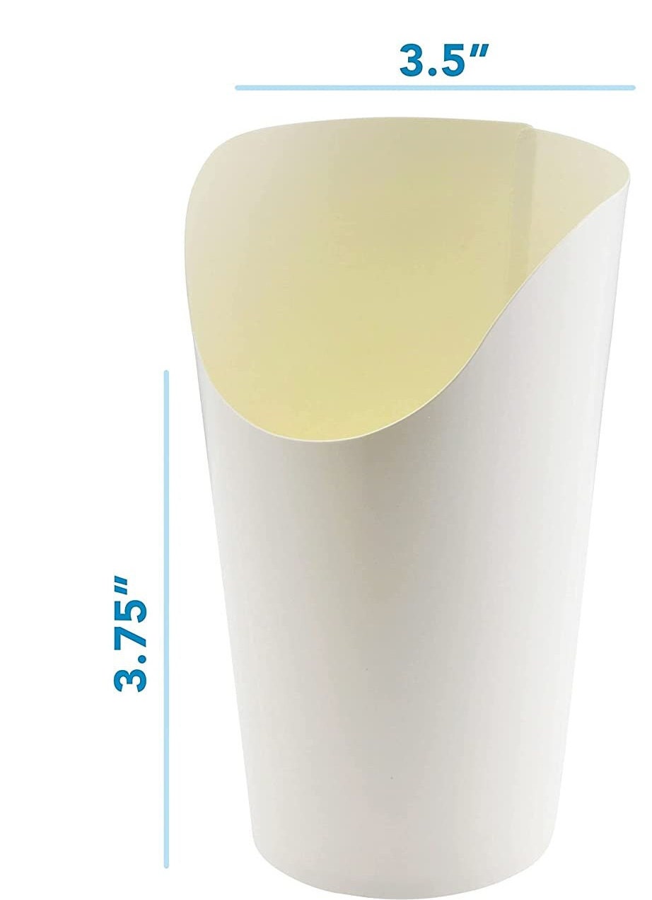 Measurement of single white charcuterie paper cup showing dimensions of 3.5 x 3.75 inches for appetizer portioning.