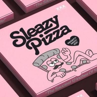 Close-up of Sleazy Pizza pink mini pizza box featuring cartoon pizza slice graphic, perfect for pizza themed party favors.