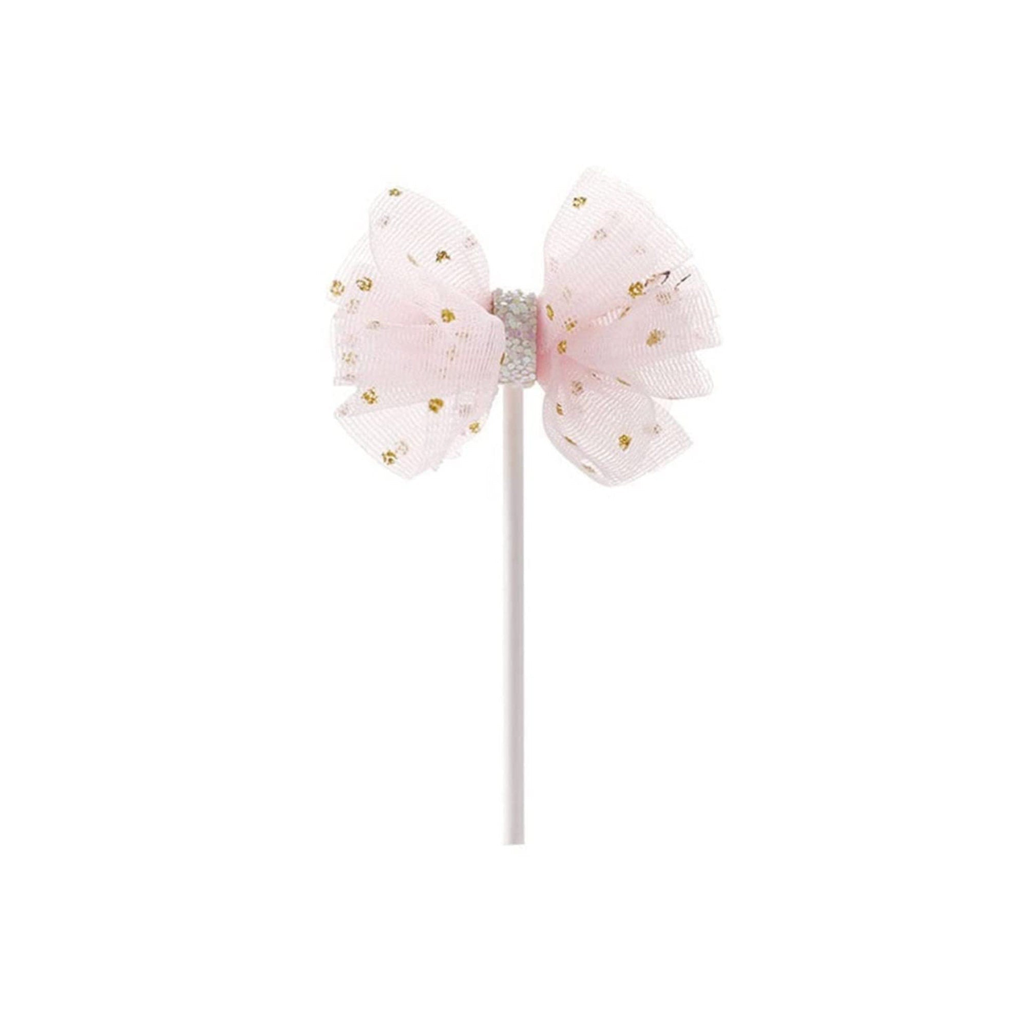 Small pink polka-dot tulle bow cake topper for cupcakes or mini cakes