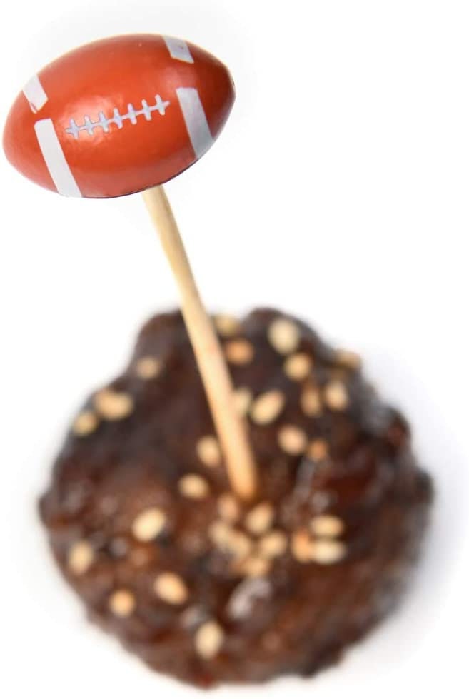 Decorative sports toothpick in meatball appetizer for parties