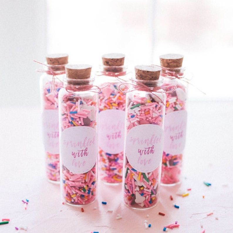 “Sprinkled with Love” labels displayed with sprinkle bottles.