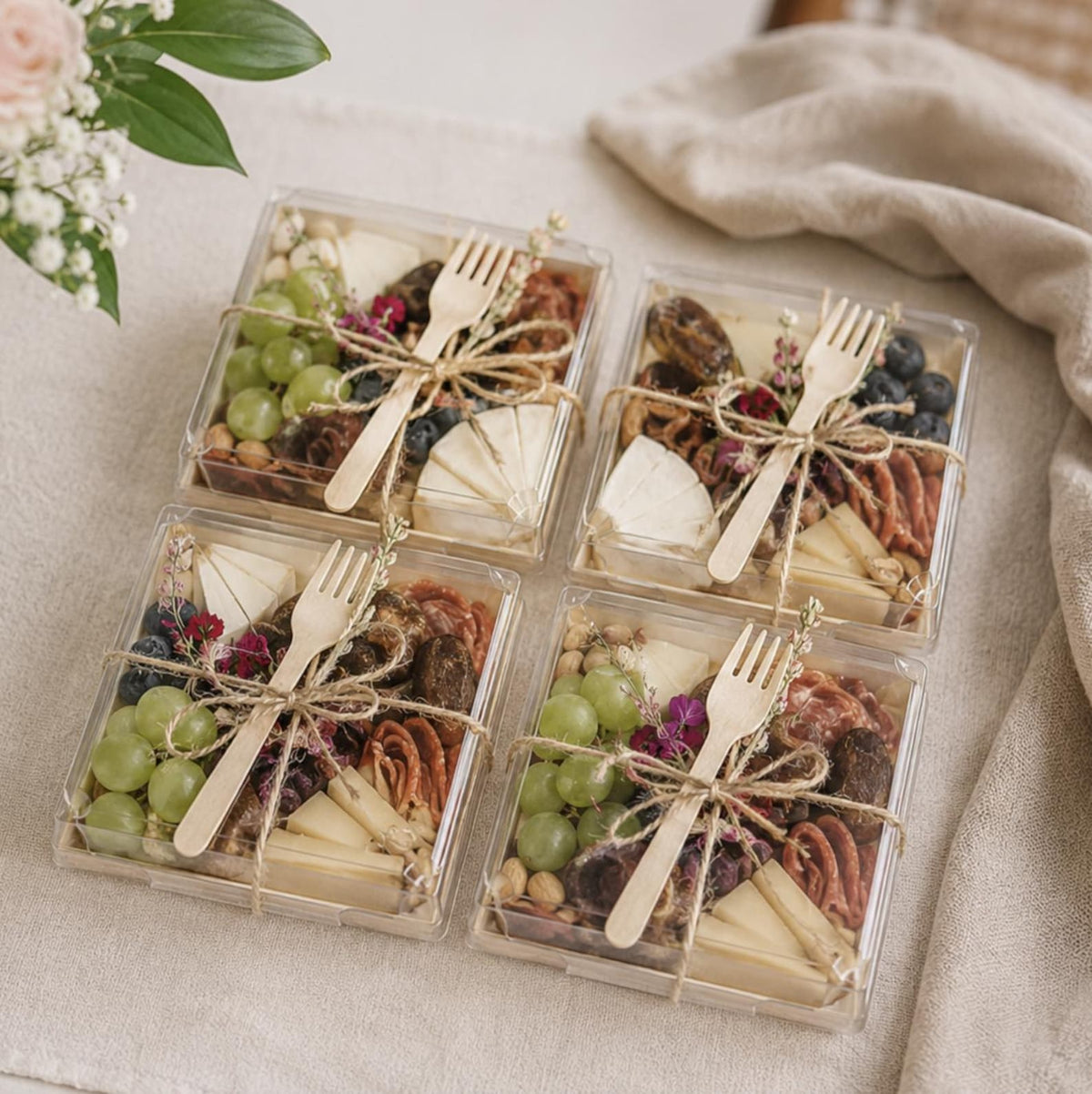 Square Charcuterie Favor Boxes with Mini Wooden Forks - Pretty Party Boxx