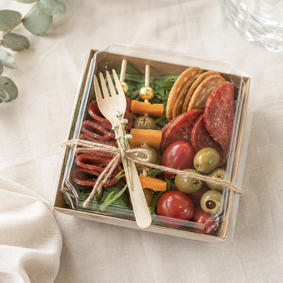 Square Charcuterie Favor Boxes with Mini Wooden Forks - Pretty Party Boxx