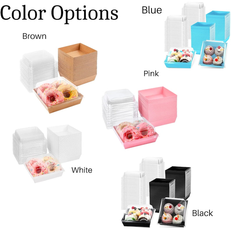 Square charcuterie boxes with clear lids available in brown white pink blue black colors