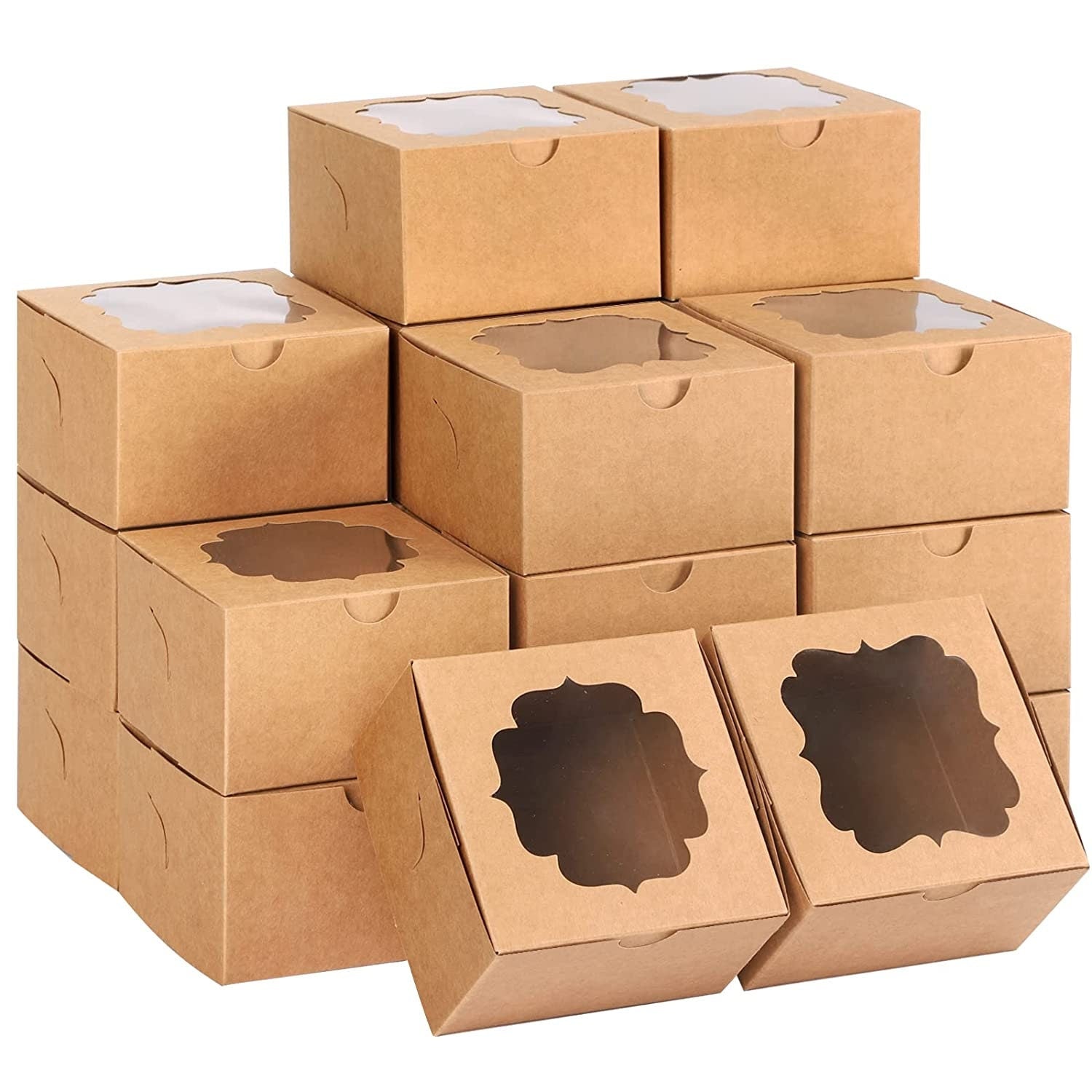 Stack of 6x6x3 inch brown charcuterie favor boxes with clear window lids