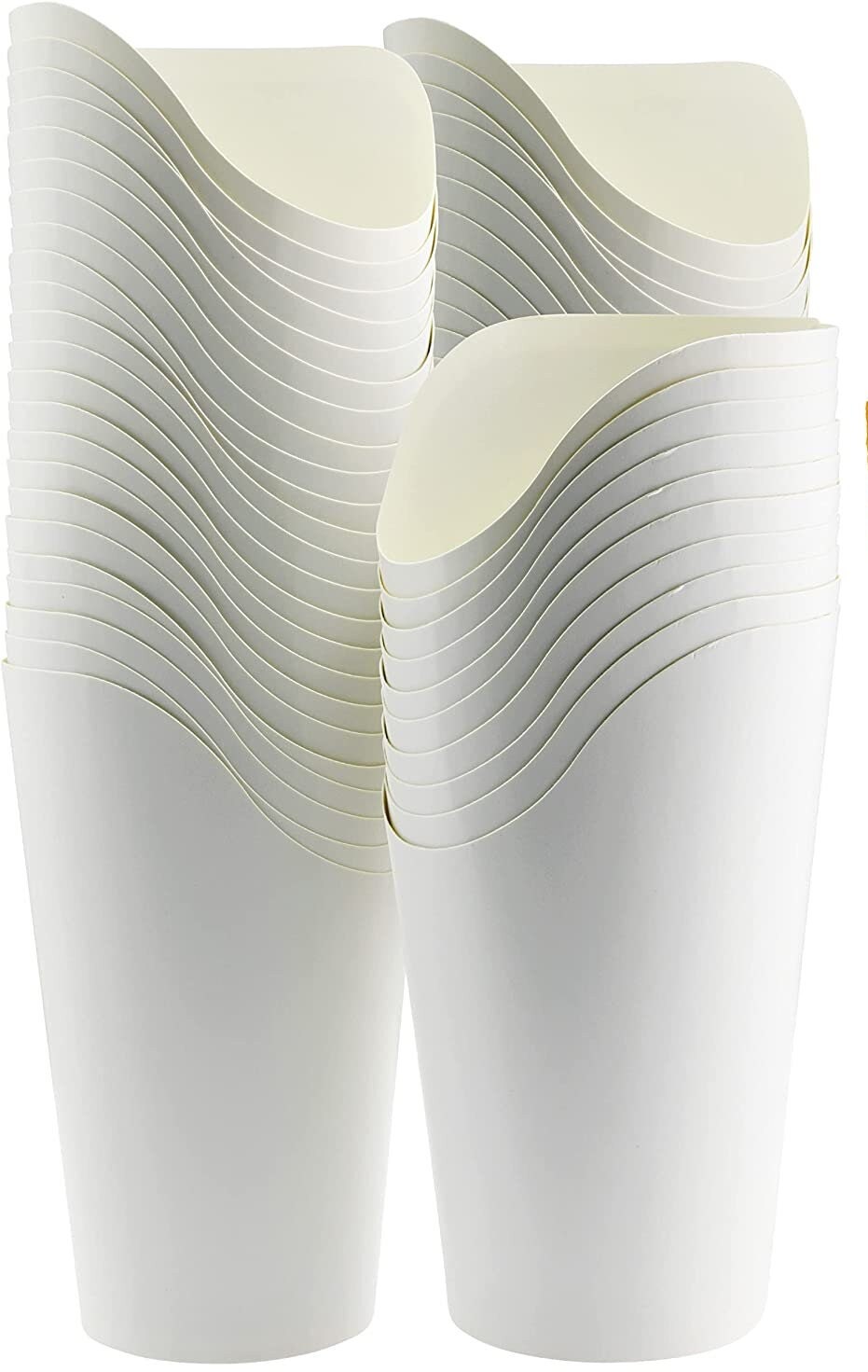 Stack of empty white paper charcuterie cups with curved rims, ready for appetizer servings at parties and events.