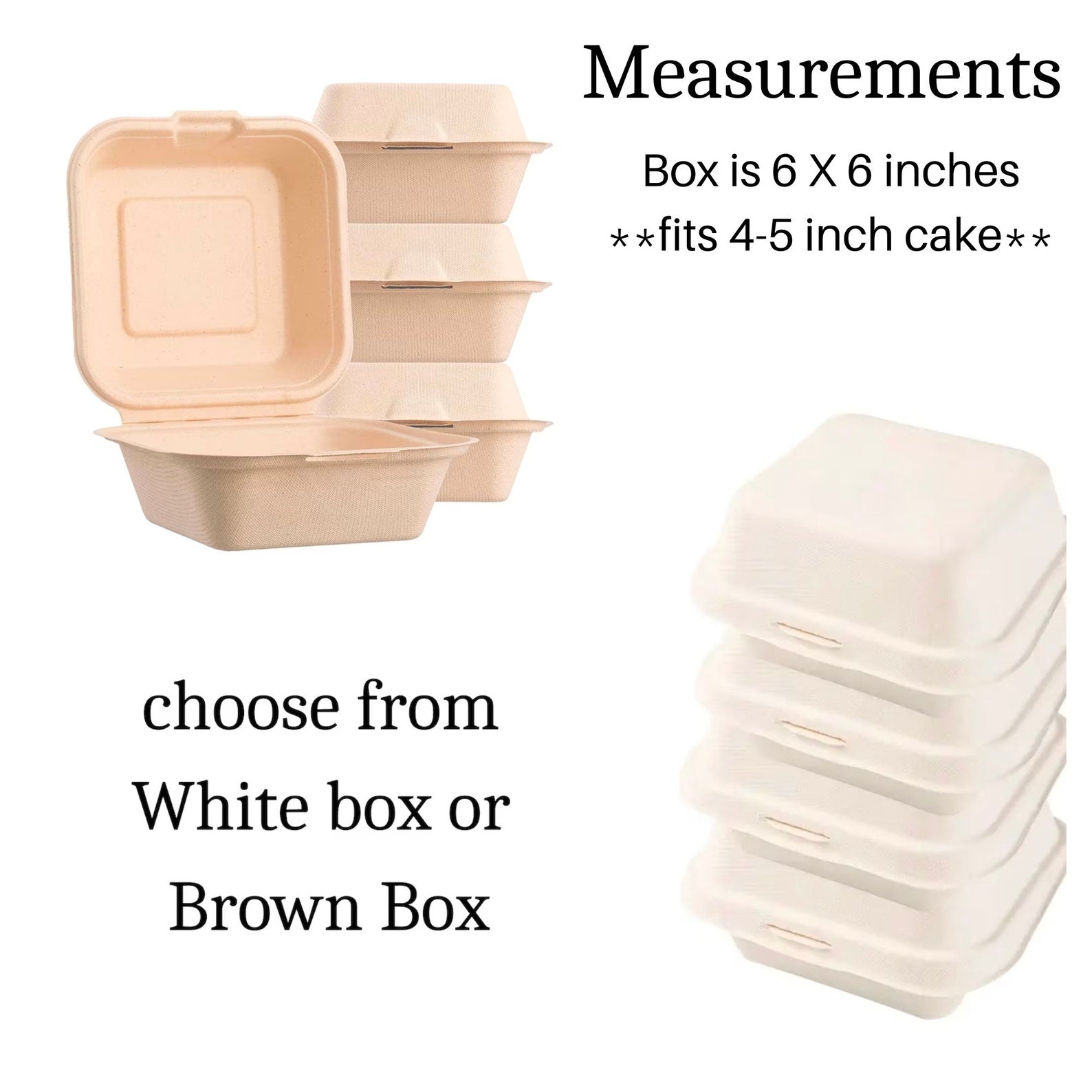 Stack of kraft cake gift boxes with dimensions labeled (6x6 inches, fits 4–5 inch cakes).