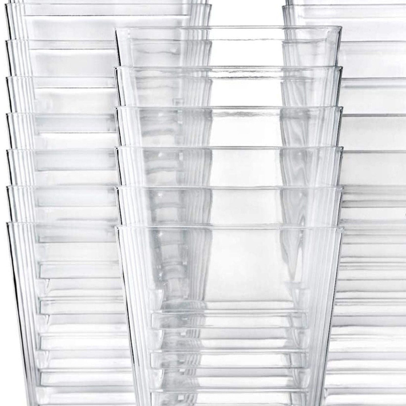 Reusable and stackable acrylic cups neatly stored.