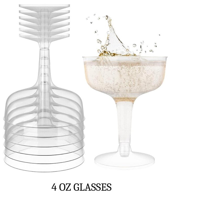 Stackable acrylic champagne glasses with champagne splash effect, showcasing durable plastic design for elegant events.