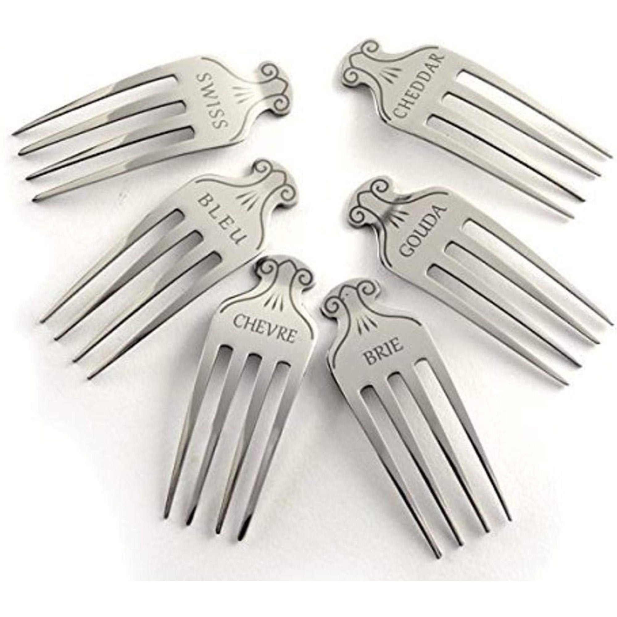 Stainless Steel Cheese Fork Markers – Set of 6 Reusable Charcuterie Board Labels (Brie, Cheddar, Gouda, Swiss, Chevre, Bleu)
