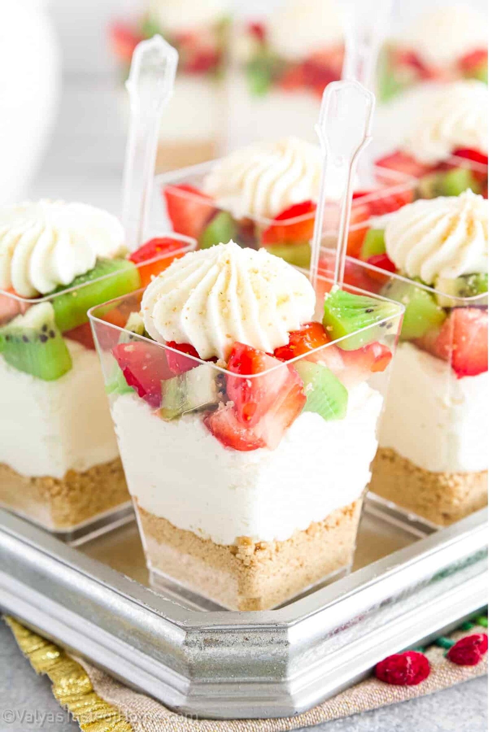 Layered strawberry parfait in 5oz clear acrylic cup with lid