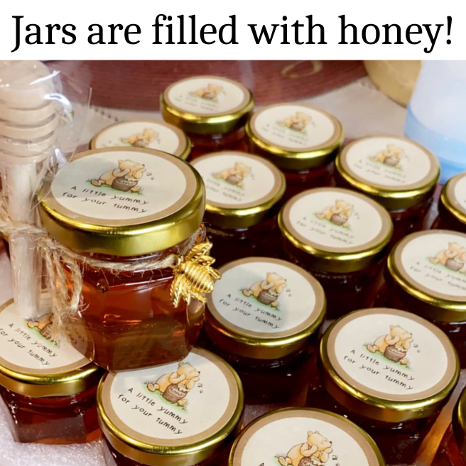 Group of mini honey jars displayed stylishly at an event.