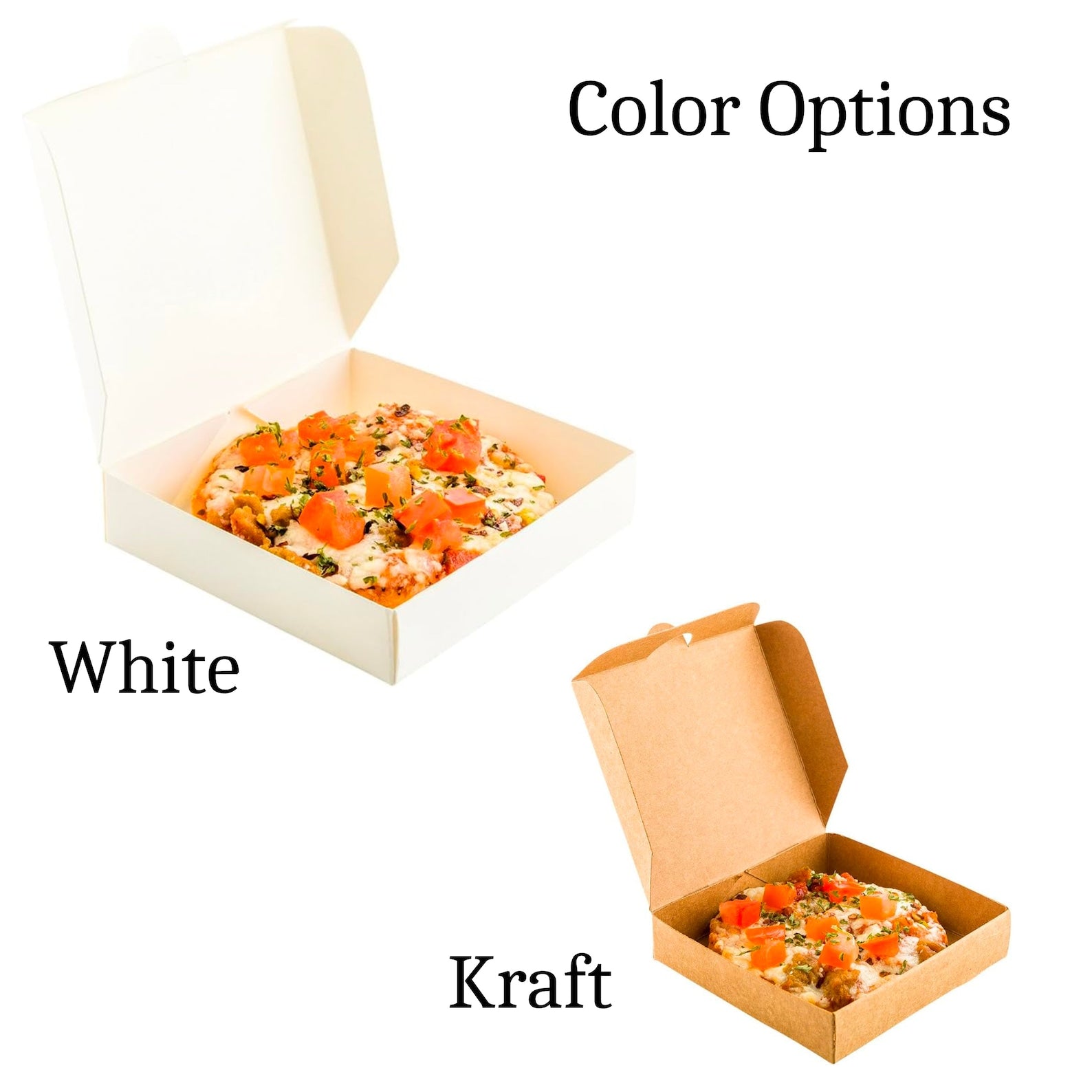 Stack of food-safe mini pizza boxes in 3.5 x 3.5 and 4.7 x 4.7 sizes.