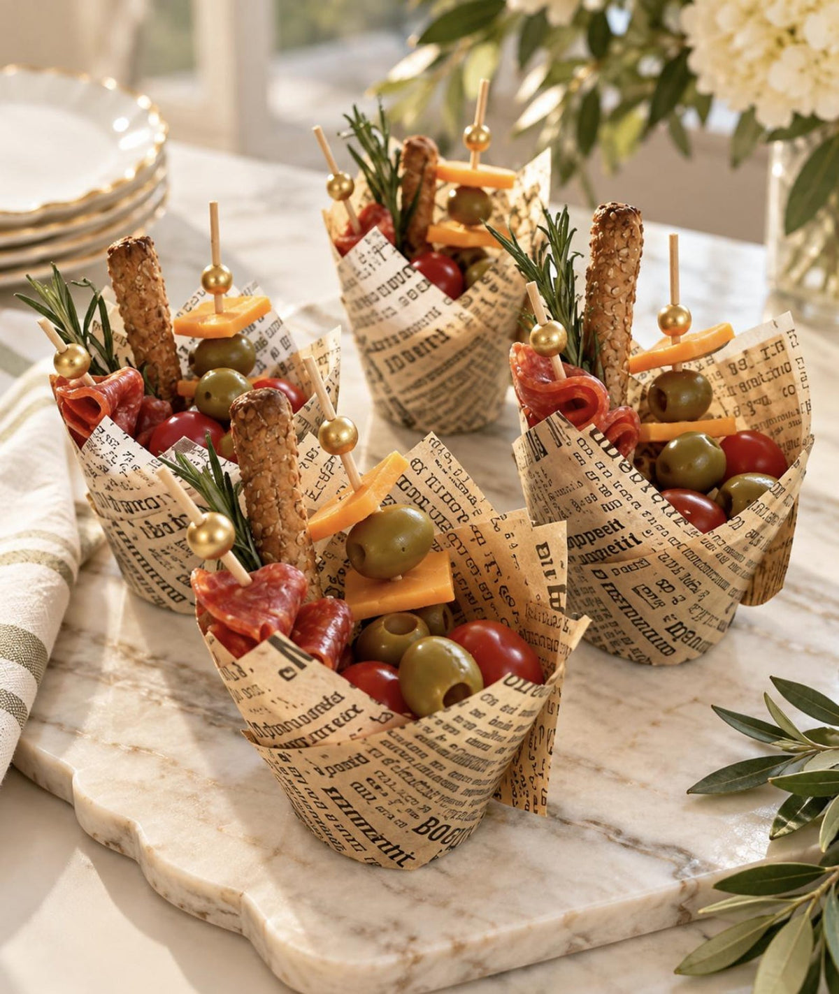 Newspaper Charcuterie Cups with Fancy Toothpicks - Vintage Party Supplies Set of 20 - Pretty Party Boxx