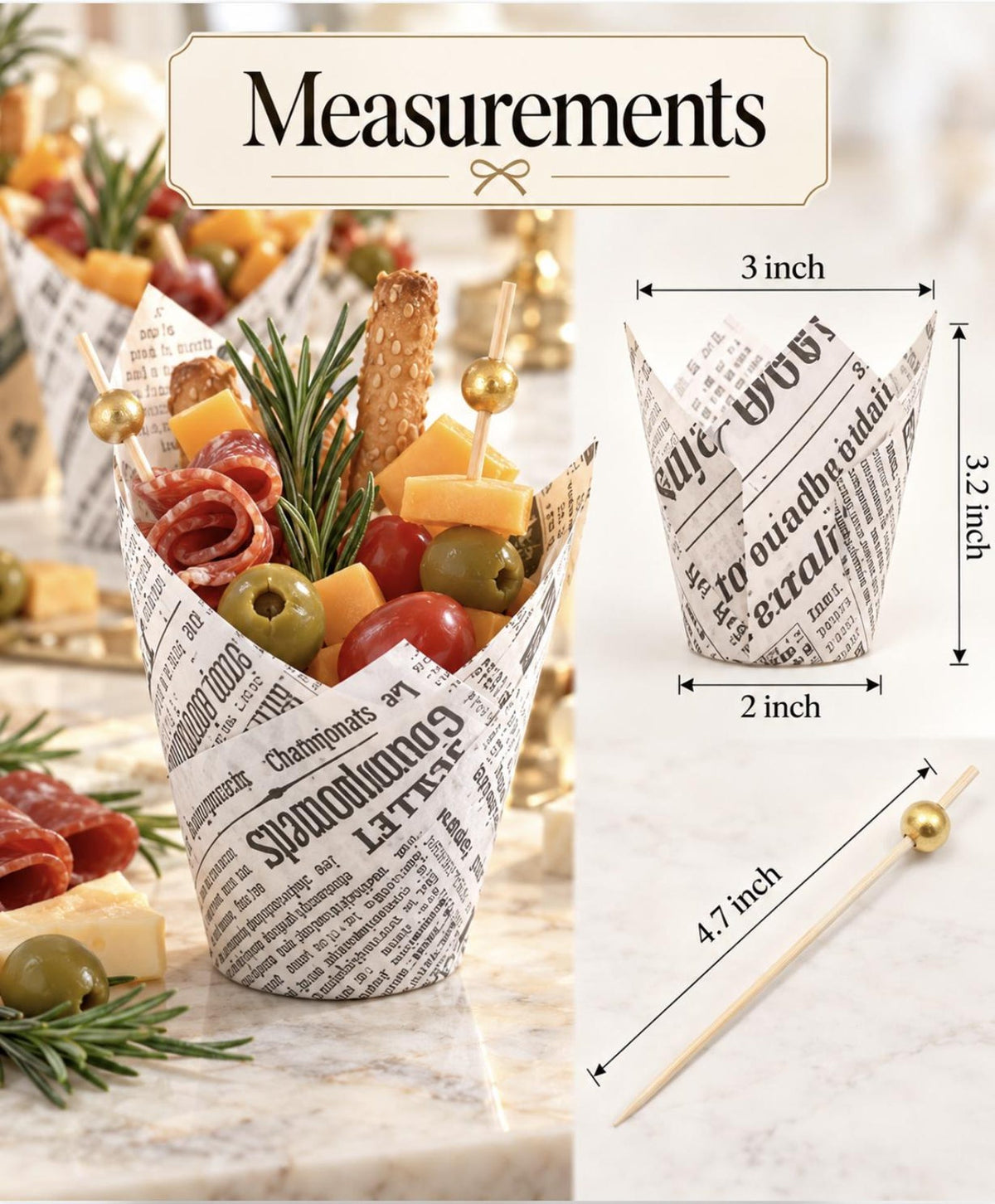 Newspaper Charcuterie Cups with Fancy Toothpicks - Vintage Party Supplies Set of 20 - Pretty Party Boxx