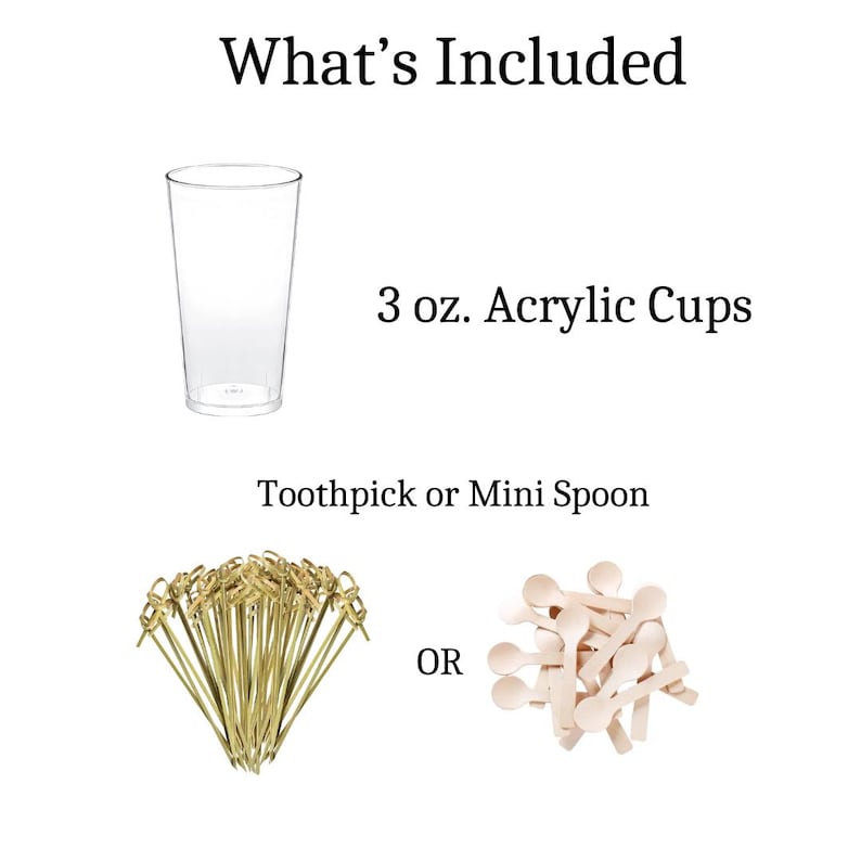 3 oz. mini acrylic soup cups with the choice of mini wooden spoons or gold toothpicks, presented in a clear and organized layout.
