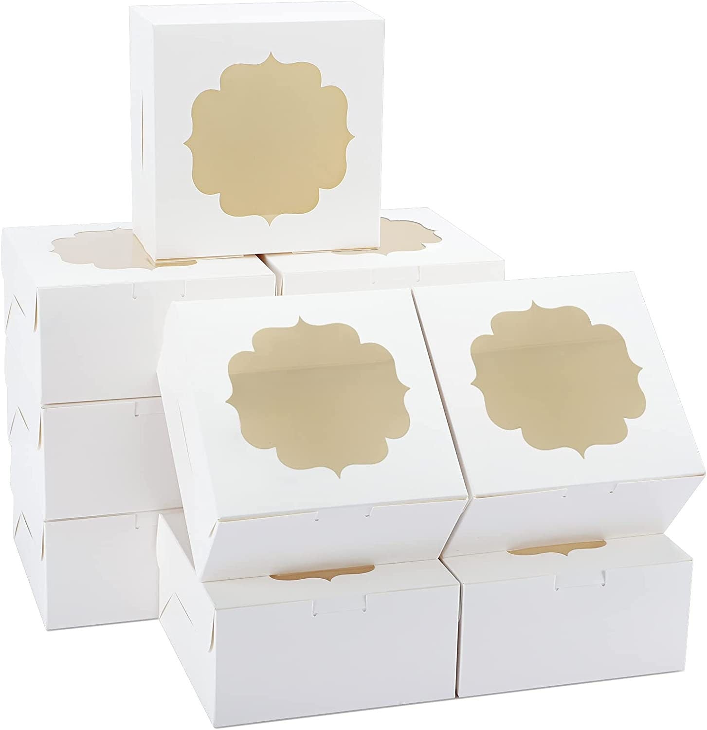 Stack of 6x6x3 inch white charcuterie favor boxes with clear window lids