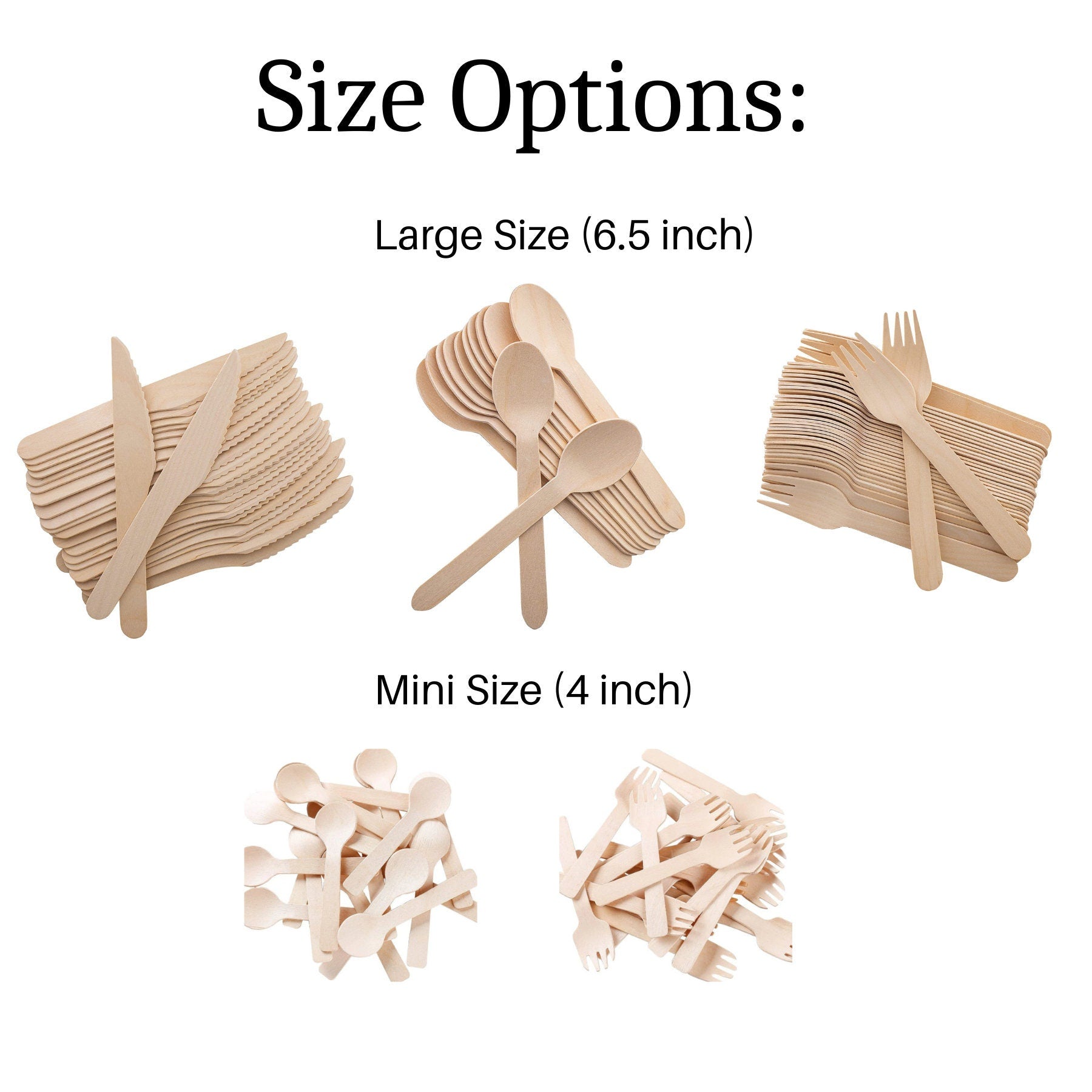 Small and large wooden fork and spoon side by side with size chart