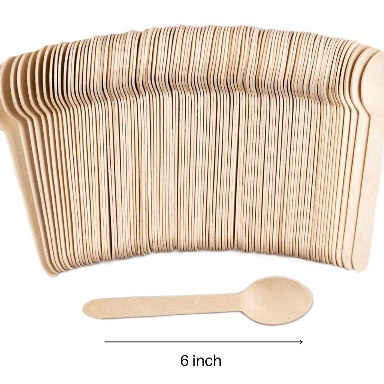 Stack of 6-inch wooden spoons with one spoon displayed in front.
