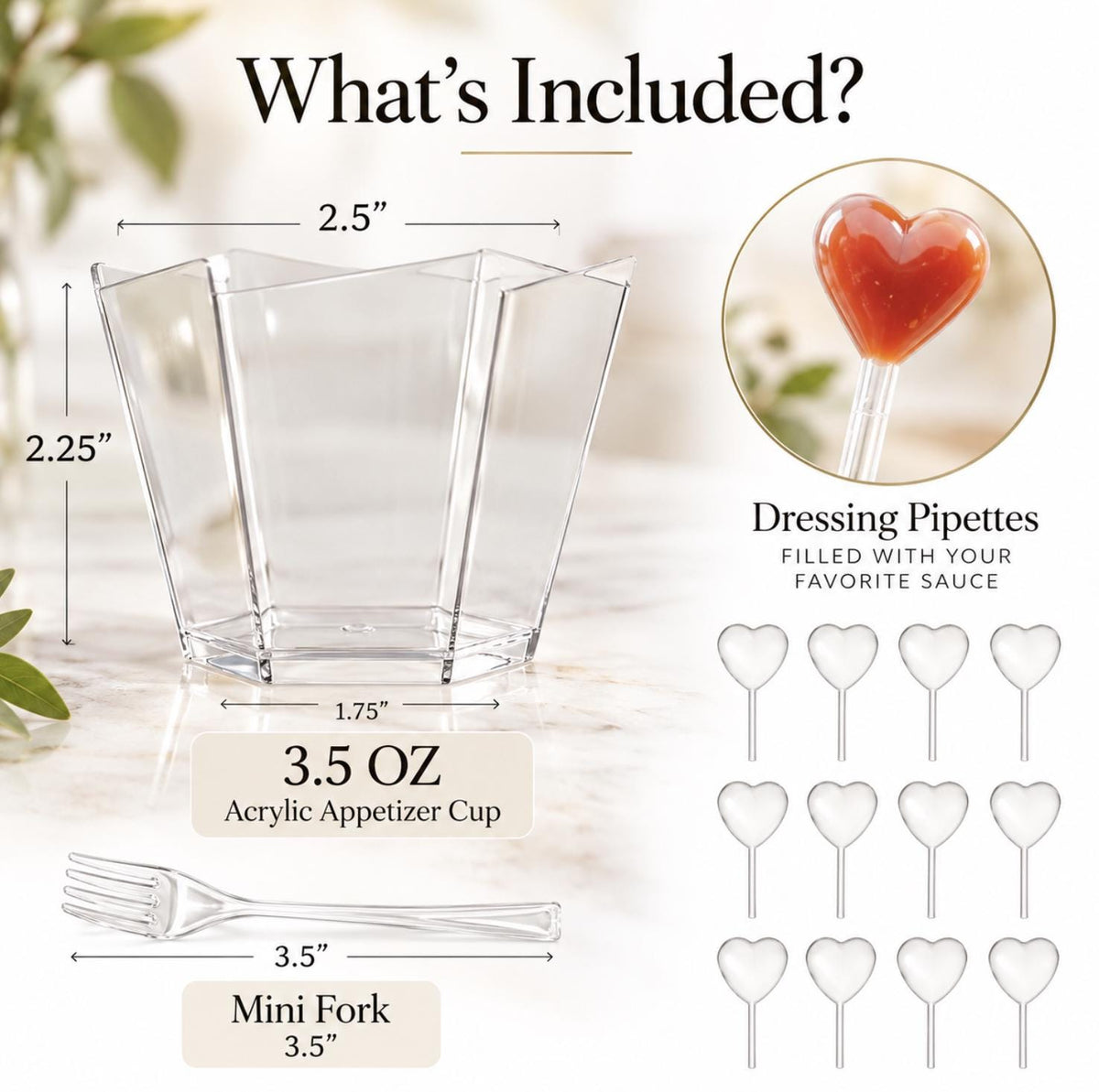 Acrylic Appetizer Cups with Heart - Shaped Pipettes & Mini Forks – 20 - Piece Set for Weddings & Events - Pretty Party Boxx