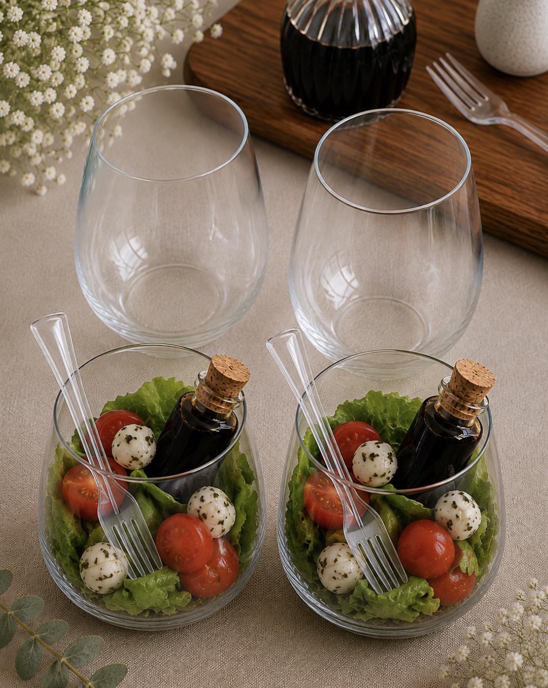Acrylic Appetizer Cups with Mini Dressing Bottles & Forks – Set of 20