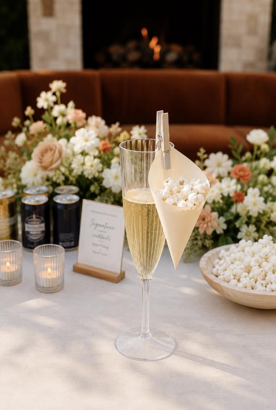 Acrylic Champagne Glasses with Paper Cones – Fry Cup & Small Bites Display for Weddings