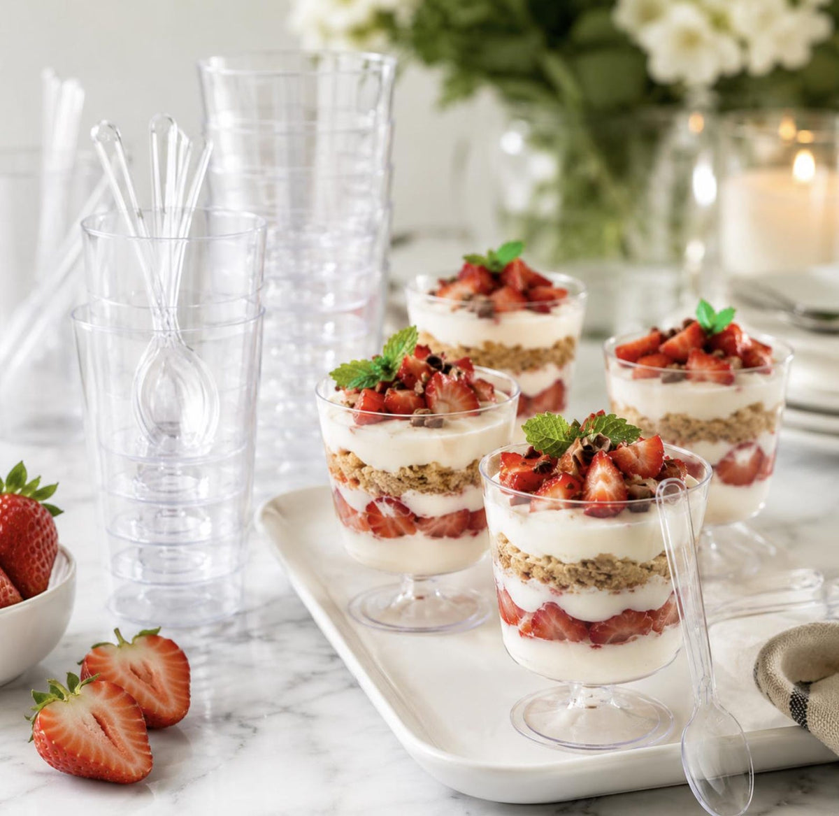 Clear acrylic dessert parfait cups with mini spoons for parties, weddings and dessert tables