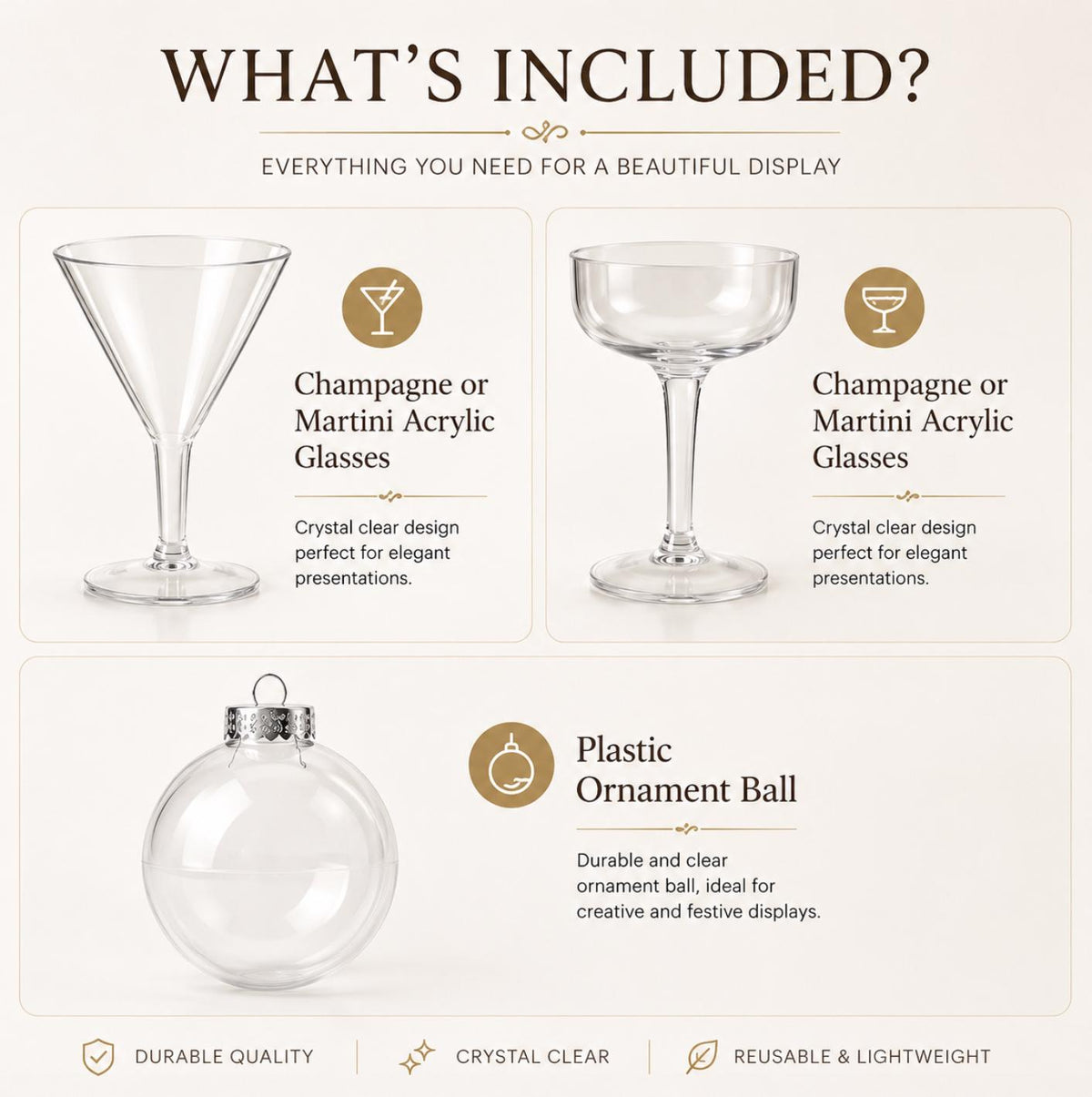 Acrylic Drink Glasses with Ornament Drink Balls – Reusable Holiday Cocktail Set for Parties & Events - Pretty Party Boxx
