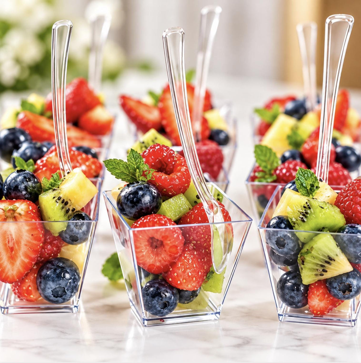 Acrylic Fruit Favor Cups with Mini Forks or Spoons – Set of 20 Clear Reusable Cups for Charcuterie, Snacks & Event Displays