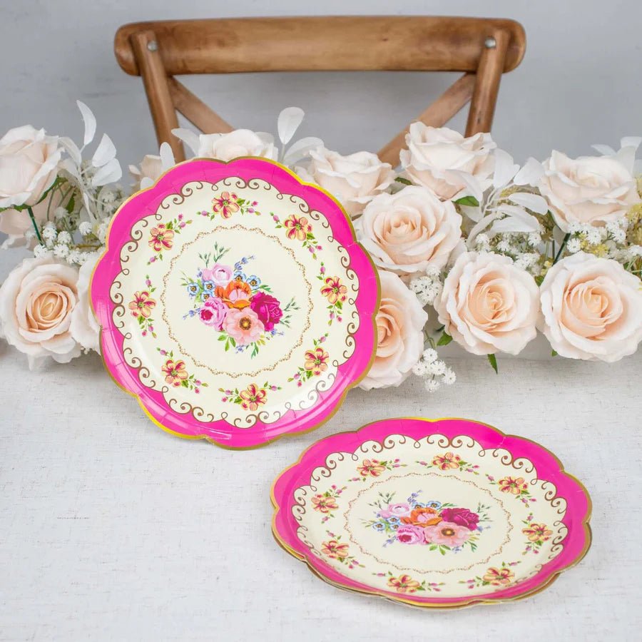Assorted Vintage Mixed Floral Paper Dinner Plates – Scalloped - Edge Design. - Pretty Party Boxx