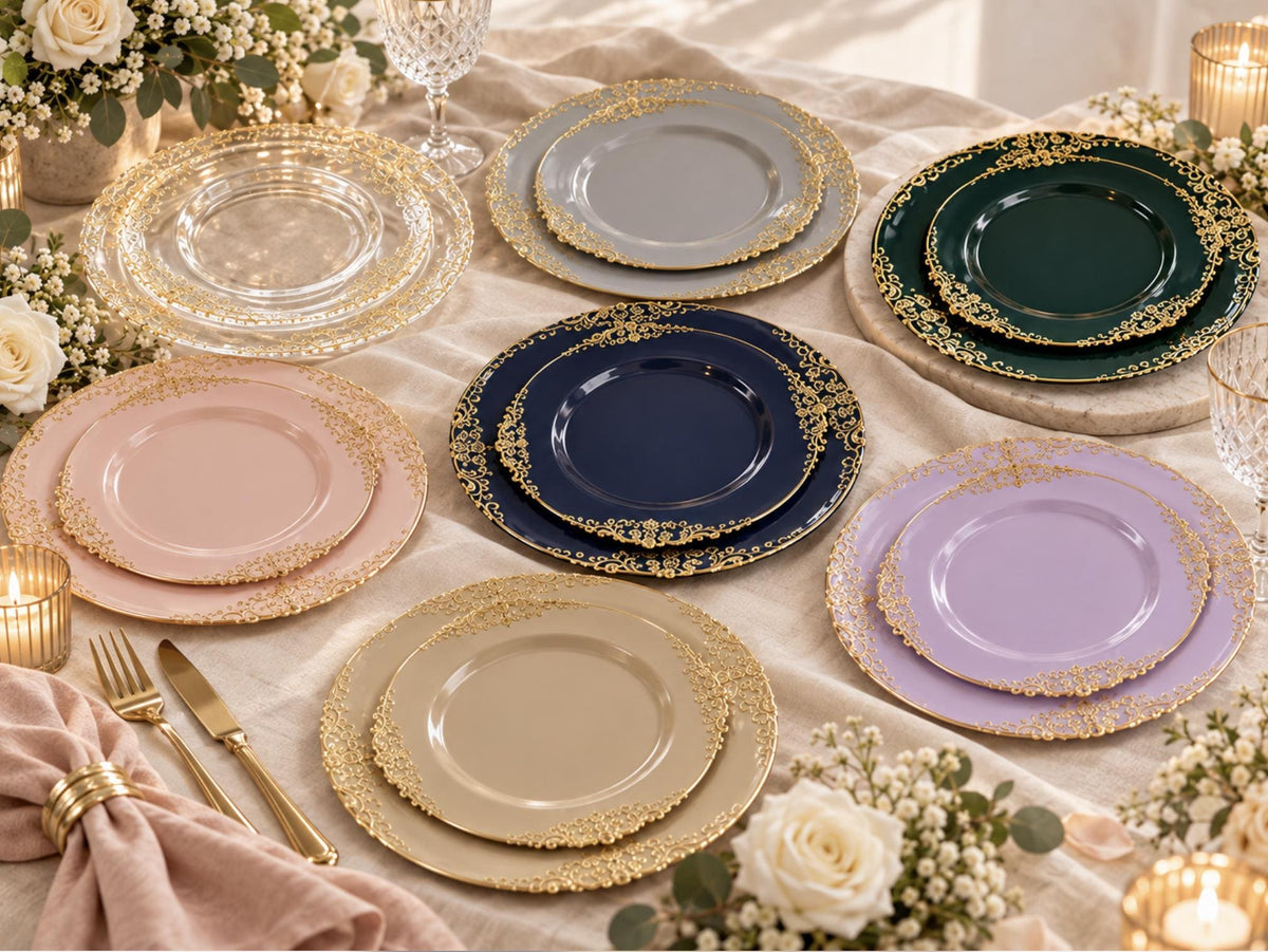 Regal Baroque Round Plastic Dinner Plates – Fancy Disposable Plates for Weddings, Banquets & Events - Pretty Party Boxx