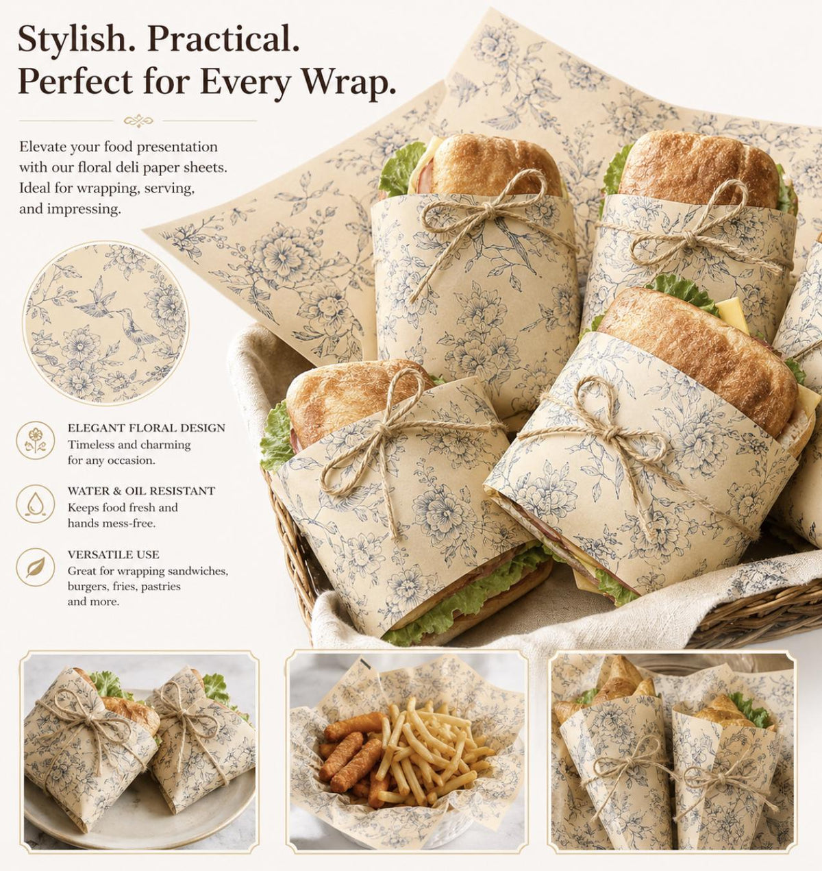 Blue Floral Deli Paper Sheets with Twine – Sandwich Wrap Set for Brunch, Catering & Favors