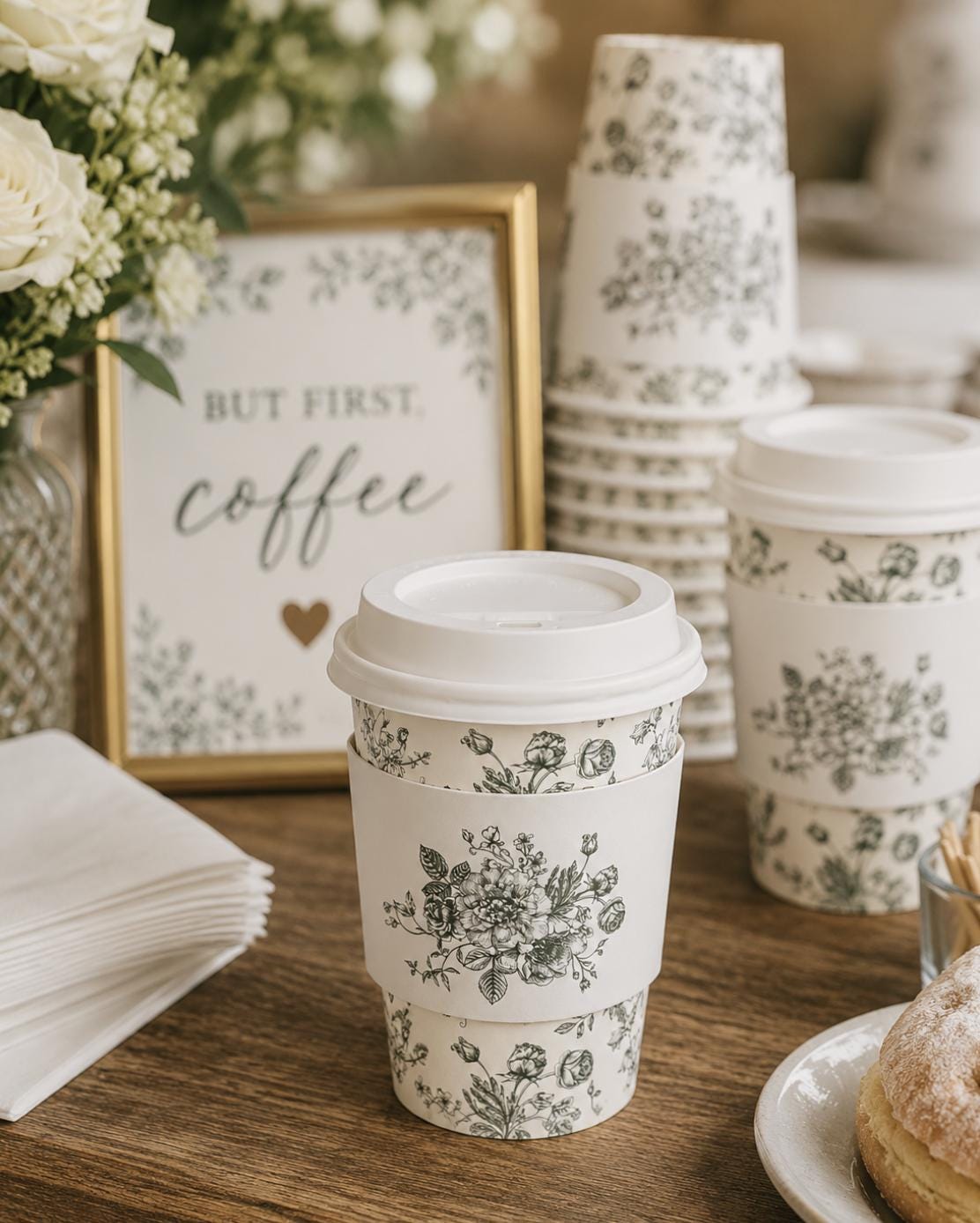Blue Toile Coffee Cups with Lids & Sleeves – Chinoiserie Coffee Bar Cups for Showers & Brunch