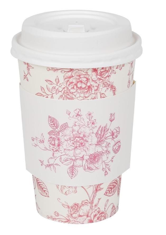 Blue Toile Coffee Cups with Lids & Sleeves – Chinoiserie Coffee Bar Cups for Showers & Brunch