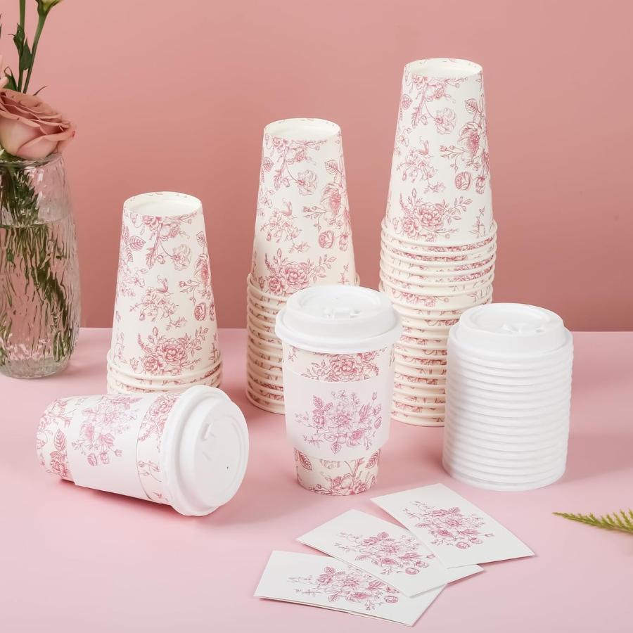 Blue Toile Coffee Cups with Lids & Sleeves – Chinoiserie Coffee Bar Cups for Showers & Brunch