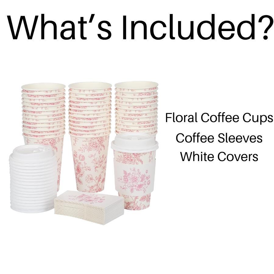 Blue Toile Coffee Cups with Lids & Sleeves – Chinoiserie Coffee Bar Cups for Showers & Brunch