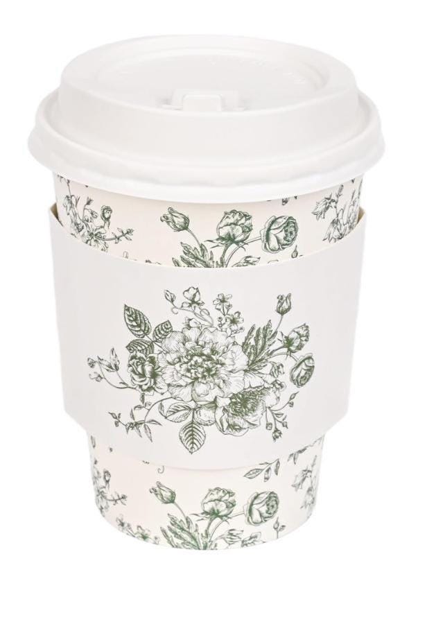Blue Toile Coffee Cups with Lids & Sleeves – Chinoiserie Coffee Bar Cups for Showers & Brunch