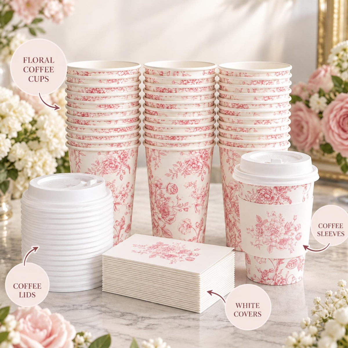 Blue Toile Disposable Coffee Cups with Lids & Sleeves – Floral Coffee Bar Cups for Showers & Weddings